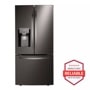Front view of the 25 cu. ft. Smart Wi-Fi Enabled French Door Refrigerator - LRFXS2503D. Includes a graphic logo that says, Brought to you by America’s Most Reliable Line of Appliances.