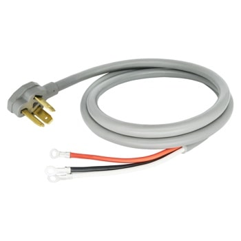 Gray power cord with three prong plug and exposed red, black, and white wires.