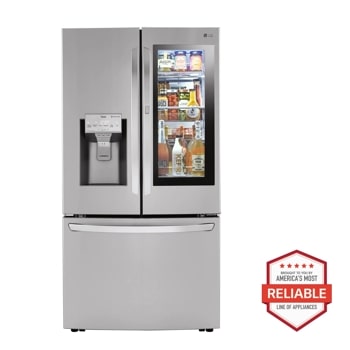 Front view of the 30 cu. ft. Smart InstaView® Door-in-Door® Refrigerator with Craft Ice™ - LRFVS3006S. Includes a graphic logo that says, Brought to you by America's Most Reliable Line of Appliances.1