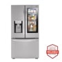 Front view of the 30 cu. ft. Smart InstaView® Door-in-Door® Refrigerator with Craft Ice™ - LRFVS3006S. Includes a graphic logo that says, Brought to you by America’s Most Reliable Line of Appliances.
