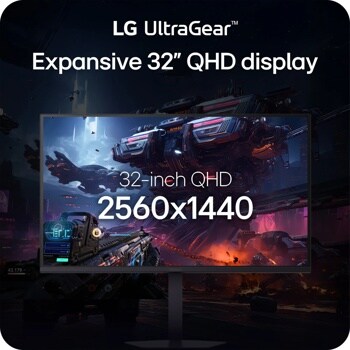 LG 32G620B-B UltraGear 32-Inch QHD gaming monitor with 2560x1440 resolution displaying sci-fi game content