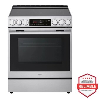 LG LRYXC2606S stainless steel electric range with oven and America's Most Reliable badge Front View