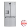 Front view of the 22 cu. ft. French Door Refrigerator - LFDS22520S. Includes a graphic logo that says, Brought to you by America’s Most Reliable Line of Appliances.