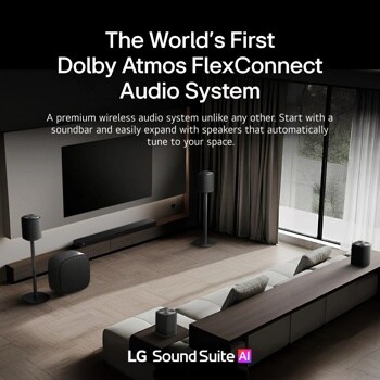 LG H7 Soundbar with wireless speakers in a living room setting Front View