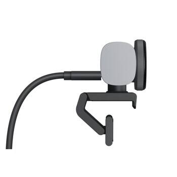 Logitech 960001529 webcam with flexible mounting clip and square camera head featuring privacy cover - Side View