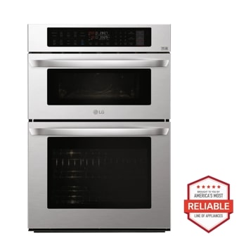 Front view of the 1.7/4.7 cu. ft. Smart wi-fi Enabled Combination Double Wall Oven - LWC3063ST. Includes a graphic logo that says, Brought to you by America's Most Reliable Line of Appliances.1