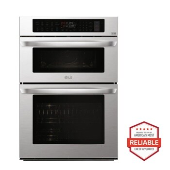 Front view of the 1.7/4.7 cu. ft. Smart wi-fi Enabled Combination Double Wall Oven - LWC3063ST. Includes a graphic logo that says, Brought to you by America’s Most Reliable Line of Appliances.