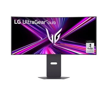 LG 34GX900A-B 34-Inch UltraGear OLED Gaming Monitor displaying vibrant purple and pink light streaks with #1 OLED Gaming Monitor Brand badge - Front View