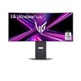 LG 34GX900A-B 34-Inch UltraGear OLED Gaming Monitor displaying vibrant purple and pink light streaks with #1 OLED Gaming Monitor Brand badge - Front View