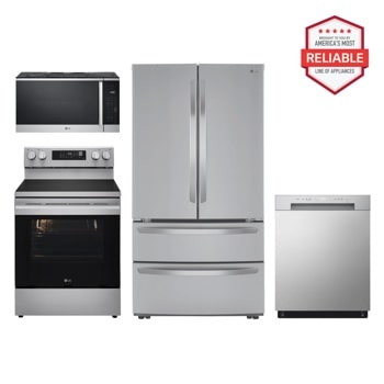Group shot of an LG Refrigerator, dishwasher, microwave and electric range. "America's Most Reliable Line of Home Appliances" badge.1