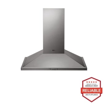 Front view of the 36'' Wall Mount Chimney Hood - HCED3615S. Includes a graphic logo that says, Brought to you by America's Most Reliable Line of Appliances.1
