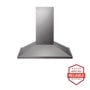Front view of the 36'' Wall Mount Chimney Hood - HCED3615S. Includes a graphic logo that says, Brought to you by America’s Most Reliable Line of Appliances.