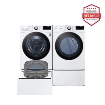 5.0 cu. ft. Front Load Washer and 7.4 cu.ft. Gas Dryer with pedestal washer and drawer Laundry Set in White WM4000HWA_DLGX4001W_WD300CW_WDP6W1