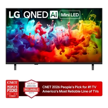 43-Inch LG QNED AI 4K QNED TV 43QNED75BUA with colorful display showing LG QNED AI Mini LED text and CNET 2026 People's Pick for #1 TV America's Most Reliable Line of TVs badge1