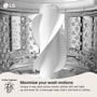 LG WT6105CW Top Load Washer 4-Way Agitator infographic showing drum interior with water droplets and agitator design that moves clothes left and right up and down for thorough clean
