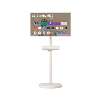 An LG StanbyME 2 and speaker on a white background.1