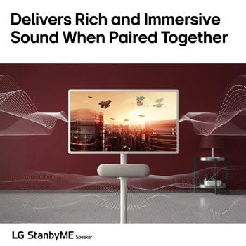 Image of the XT7S stanbyME speaker and the StanbyME display demonstrating WOW orchestra