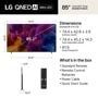 85-Inch LG QNED AI Mini LED TV 85QNED74BAA Dimensions and Whats in the Box including Standard Remote, Remote Control Batteries, Power Cable, and Quick Start Guide