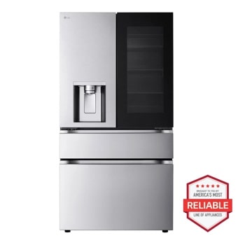 LG LM29VSP7CS French Door Refrigerator with stainless steel finish and water dispenser - Front View with Americas Most Reliable Line of Appliances badge1