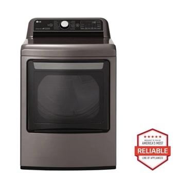 Front view of the 7.3 cu.ft. Smart wi-fi Enabled Electric Dryer with TurboSteam™ - DLEX7800VE. Includes a graphic logo that says, Brought to you by America's Most Reliable Line of Appliances.
1