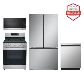 27 cu. ft. Smart Counter-Depth MAX™ French Door Pocket Handle Refrigerator with Freestanding Gas Range, Front Control Dishwasher Kitchen Package and Microwave in Stainless Steel LRFLC2716S_LRGL5821S_MVEM1621Y_LDFN3432T1