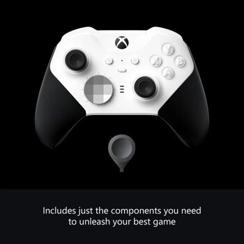 Xbox Elite Wireless Controller 4IK00001 with customizable components and black grip handles - Front View with text Includes just the components you need to unleash your best game