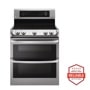 Front view of the 7.3 cu. ft. Electric Double Oven Range with ProBake Convection® and EasyClean® - LDE4413ST. Includes a graphic logo that says, Brought to you by America’s Most Reliable Line of Appliances.