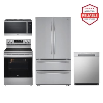 Group shot of an LG Refrigerator, dishwasher, microwave and electric range. "America's Most Reliable Line of Home Appliances" badge.1