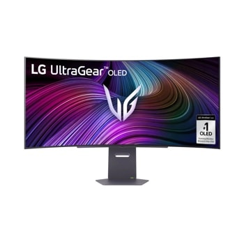 LG 45GX90SA-B 45-Inch UltraGear OLED Gaming Monitor with curved display showing colorful swirling graphics and #1 OLED Gaming Monitor badge - Front View1