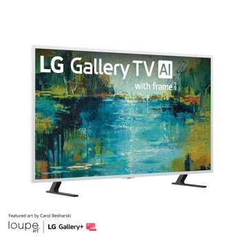 55-Inch LG Gallery TV AI 4K TV 55LX7BPUA with white frame displaying abstract art on stand