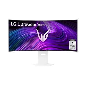 LG 39GX90SA-W 39-Inch UltraGear OLED Gaming Monitor with curved display showing purple swirl graphics on white stand - Front View1