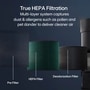 PFSHTC01 True HEPA Filtration infographic showing multi-layer system with Pre Filter, HEPA Filter, and Deodorization Filter that captures dust and allergens such as pollen and pet dander to deliver cleaner air