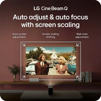 PU600U LG CineBeam Q Projector infographic showing auto adjust and auto focus with screen scaling features