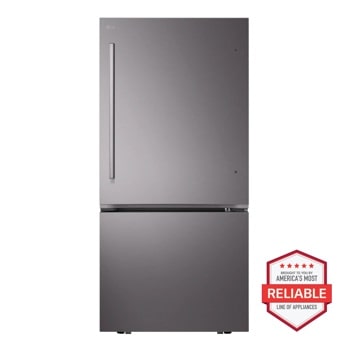LG LB26H2200D Bottom Freezer Refrigerator in stainless steel finish with America's Most Reliable badge - Front View