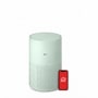 LG AS301GG10 Air Purifier in mint green with perforated lower panel and smartphone showing app interface - Front View