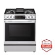 Front view of the 6.3 cu ft. Smart wi-fi Enabled ProBake Convection® InstaView® Gas Slide-In Range with Air Fry - LSGL6335F. Includes a graphic logo that says, Brought to you by America’s Most Reliable Line of Appliances.