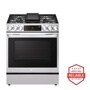 Front view of the 6.3 cu ft. Smart wi-fi Enabled ProBake Convection® InstaView® Gas Slide-In Range with Air Fry - LSGL6335F. Includes a graphic logo that says, Brought to you by America’s Most Reliable Line of Appliances.