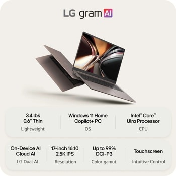 LG Gram 17-Inch 17Z90UB-H-AU76U3 Laptop infographic showing 3.4 lbs 0.6 inch thin lightweight design Windows 11 Home Copilot+ PC Intel Core Ultra Processor On-Device AI Cloud AI LG Dual AI 17-inch 16:10 2.5K IPS Resolution Up to 99% DCI-P3 Color gamut Touchscreen Intuitive Control
