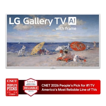 55-Inch LG Gallery TV AI 4K QNED TV 55LX7BPUA with frame displaying beach scene artwork CNET 2026 People's Pick for #1 TV America's Most Reliable Line of TVs1