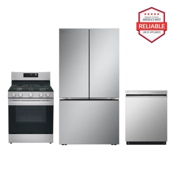 LG LRFLC2716S LRGL5821S LDFN3432T kitchen package with gas range, refrigerator, and dishwasher, America's Most Reliable line of appliances Front View