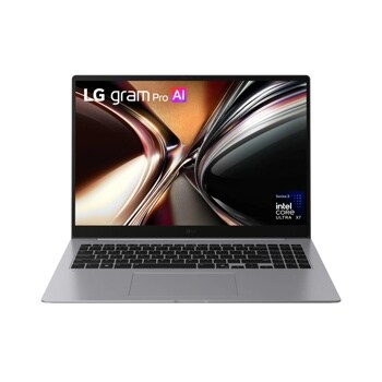 LG Gram 16Z90U-K.AUB6U1 Laptop with silver chassis displaying LG gram Pro AI screen and Intel Core Ultra X7 processor - Front View