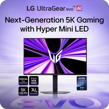 LG 27GM950B-B UltraGear evo AI monitor infographic showing next-generation 5K gaming with Hyper Mini LED technology