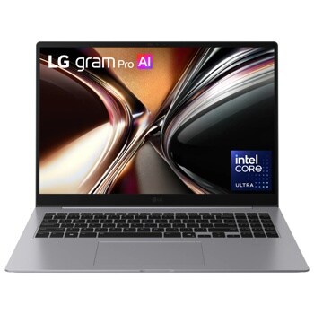 LG Gram 16Z90U-K-AUA6U1 Pro AI Laptop with Intel Core Ultra processor showing open display with abstract design and full keyboard - Front View