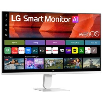LG 27U511SB-W SmartMonitor with webOS interface displaying streaming apps and content - Right View