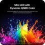 75QNED75BAA infographic showing Mini LED with Dynamic QNED Color technology featuring colorful paint splashes. Display Color Gamut Volume (CGV) is equivalent or exceeds the CGV of the DCI-P3 color space as verified independently by Intertek