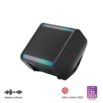 LG STAGE301.AUSALBK XBOOM Party Speaker with colorful LED lighting and mesh front grille showing award badges - Front View