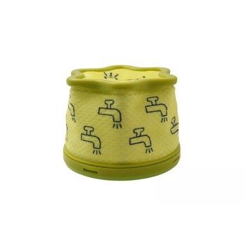 ADQ74774002 vacuum filter with bright yellow mesh fabric featuring water faucet pattern design and green plastic rim