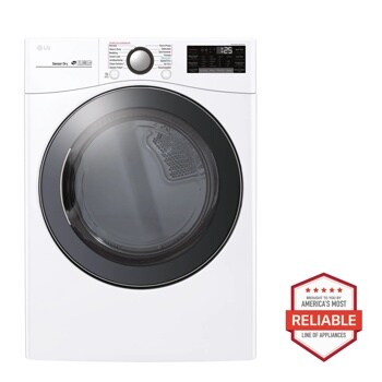 Front view of the 7.4 cu.ft. Smart wi-fi Enabled Electric Dryer with TurboSteam™ - DLEX3900W. Includes a graphic logo that says, Brought to you by America’s Most Reliable Line of Appliances.

