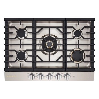 CBGU3039X Gas Cooktop with five burners featuring stainless steel surface, black grates, and control knobs along bottom edge - Top-Down View