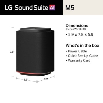 M5 portable speaker dimensions 5.9 x 7.8 x 5.9 inches with box contents including power cable, quick set-up guide and warranty card